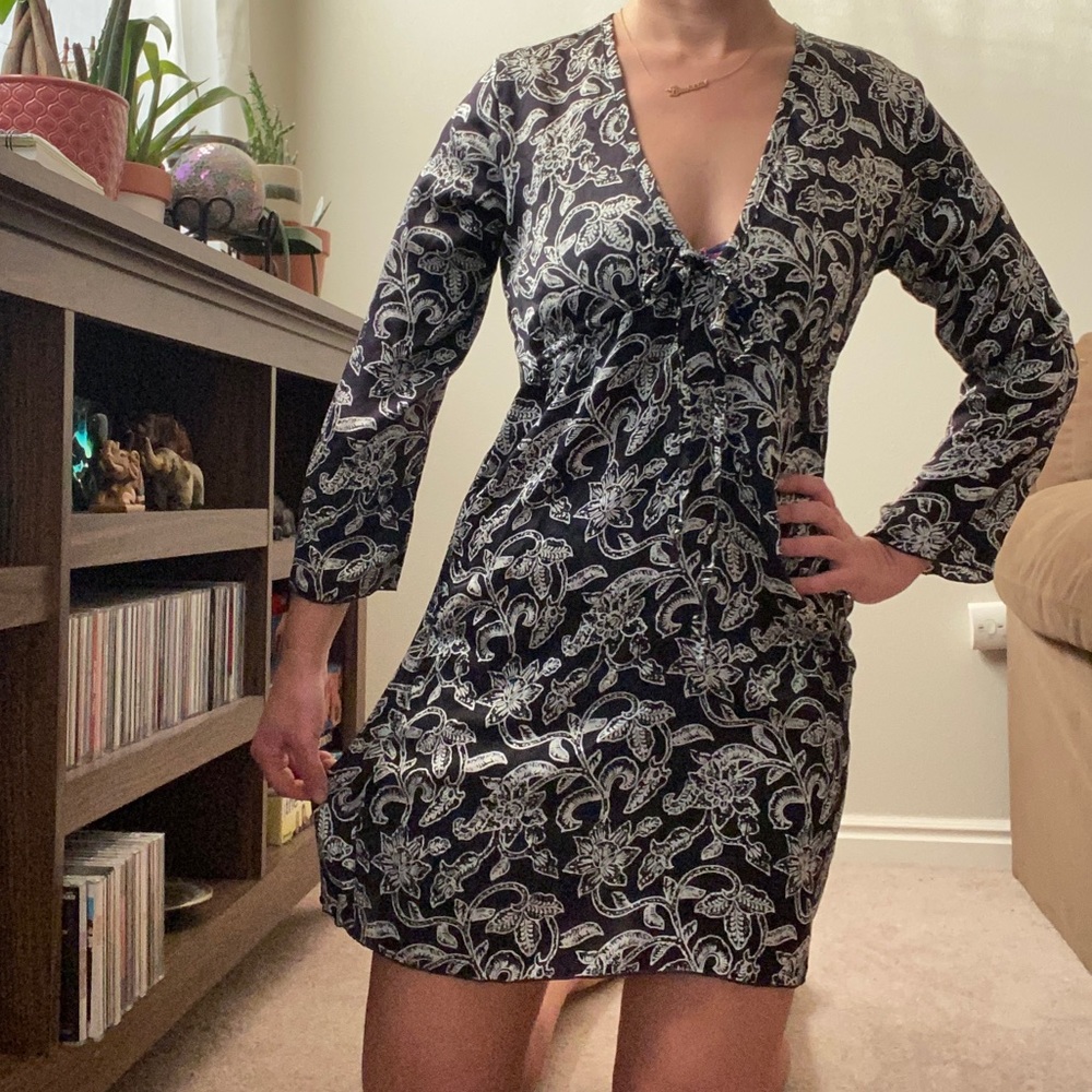 Silk Black & White Flower Dress VINTAGE